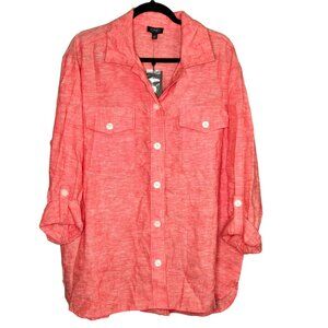 NWT Jones New York Women's Scarlet Apple Button-Down Shirt L Linen Blend